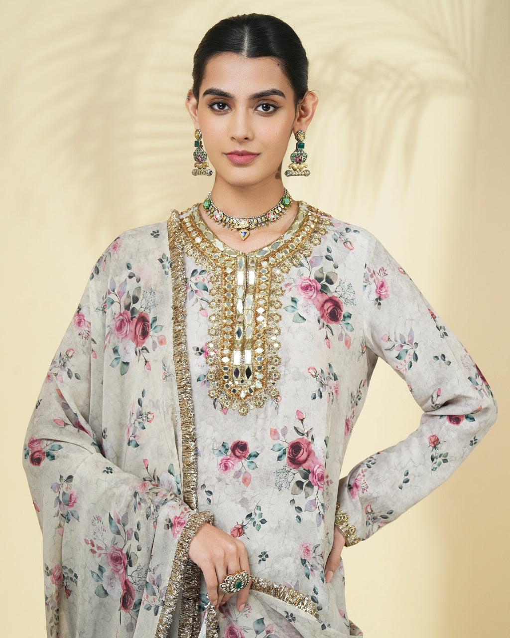 Vintage Rose Print Long Kurta Set