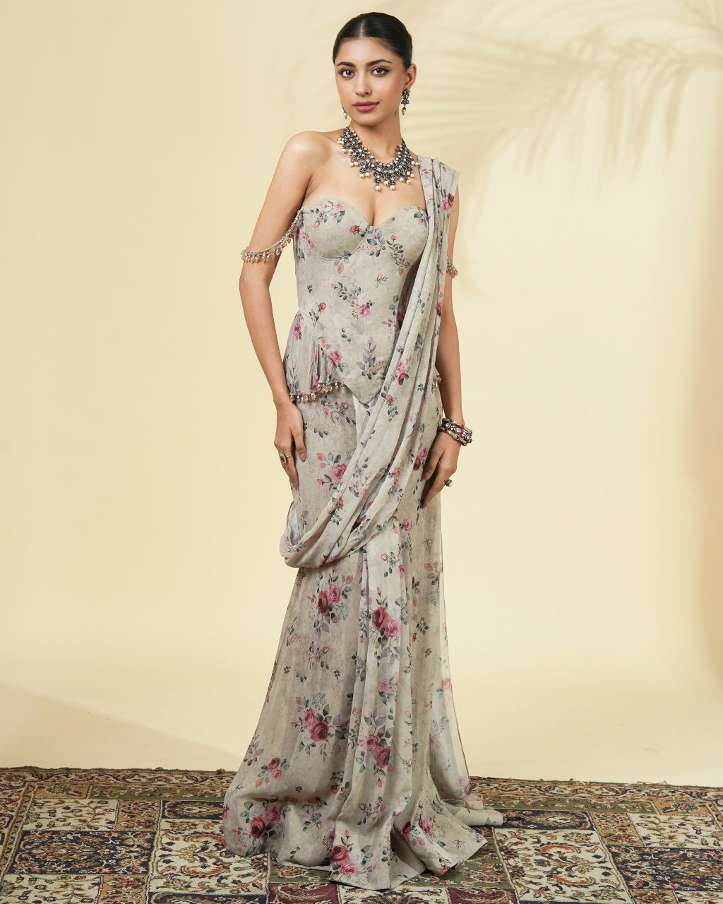 Vintage Rose Print Corset Sari Set
