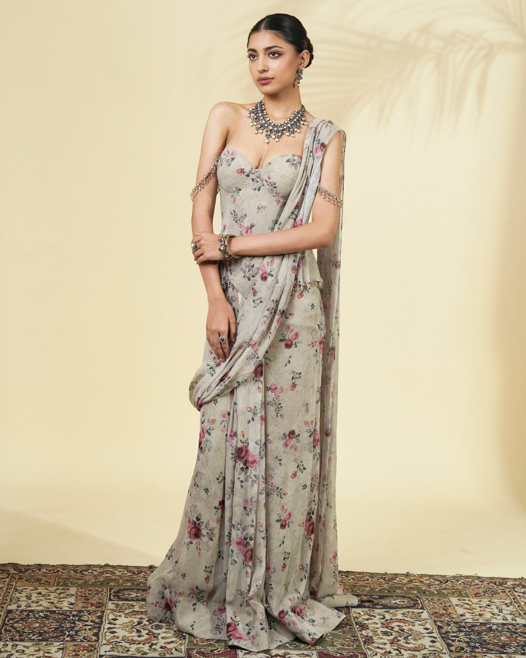 Vintage Rose Print Corset Sari Set