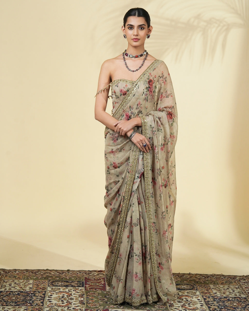 Vintage Rose Print Hand Embroidered Organza Corset Sari Set