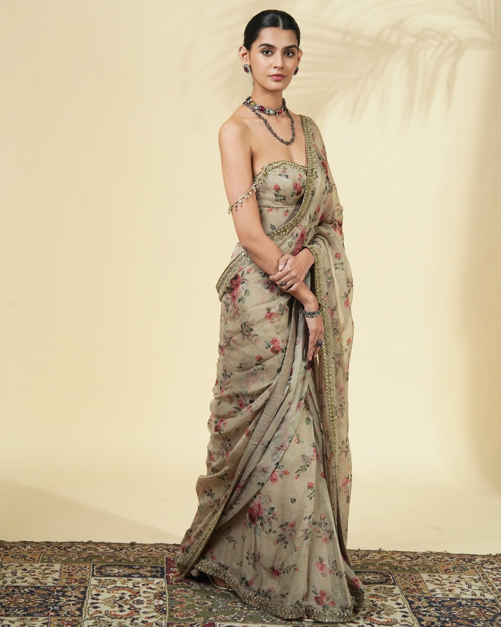 Vintage Rose Print Hand Embroidered Organza Corset Sari Set