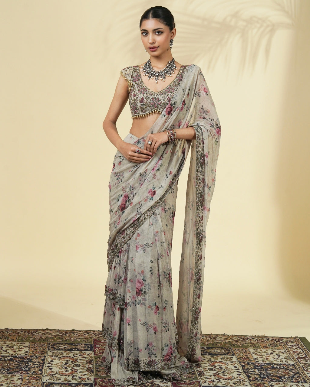 Vintage Rose Print Hand Embroidered Ruffle Sari Set