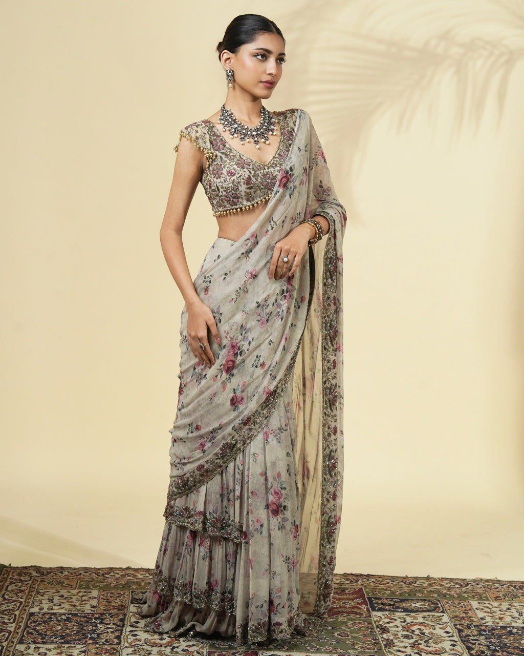 Vintage Rose Print Hand Embroidered Ruffle Sari Set