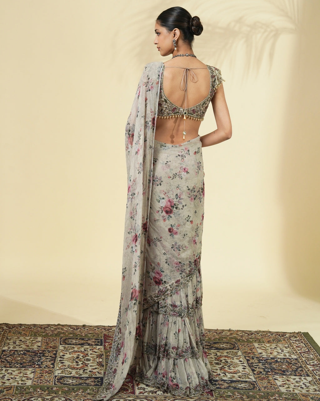 Vintage Rose Print Hand Embroidered Ruffle Sari Set