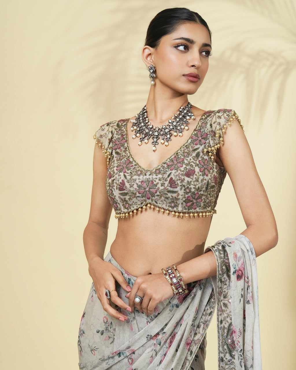 Vintage Rose Print Hand Embroidered Ruffle Sari Set
