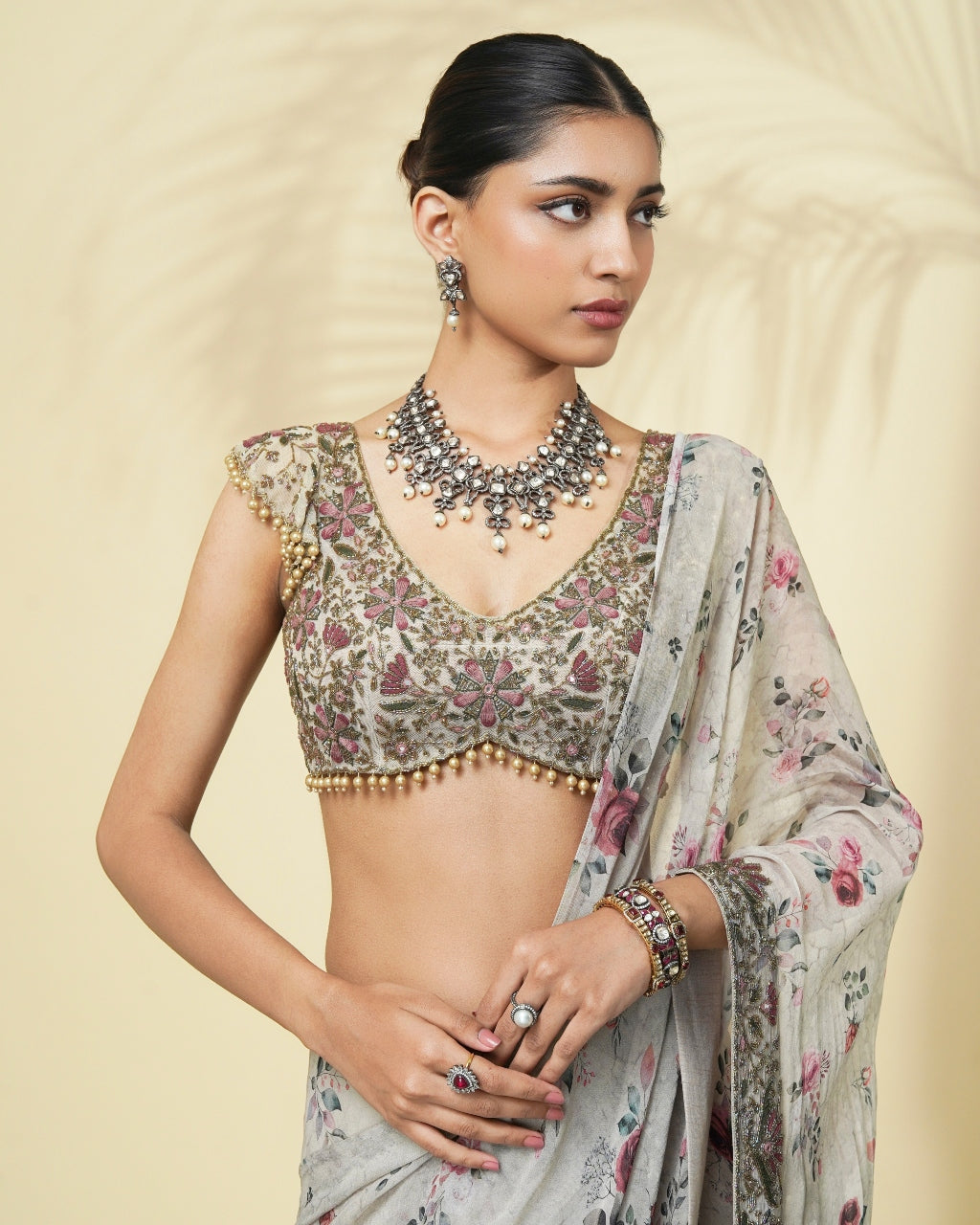 Vintage Rose Print Hand Embroidered Ruffle Sari Set