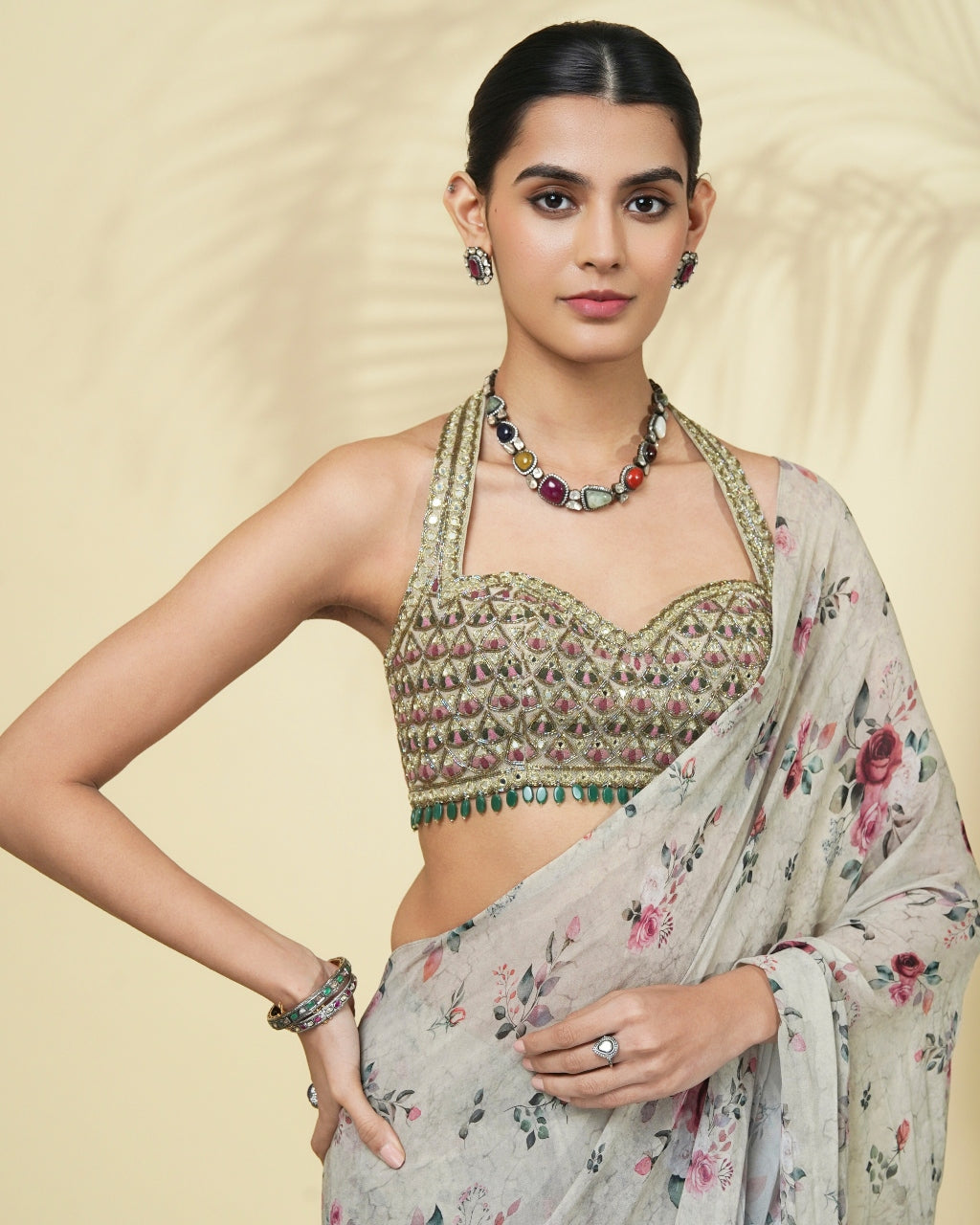 Vintage Rose Print Ruffle Sari Set