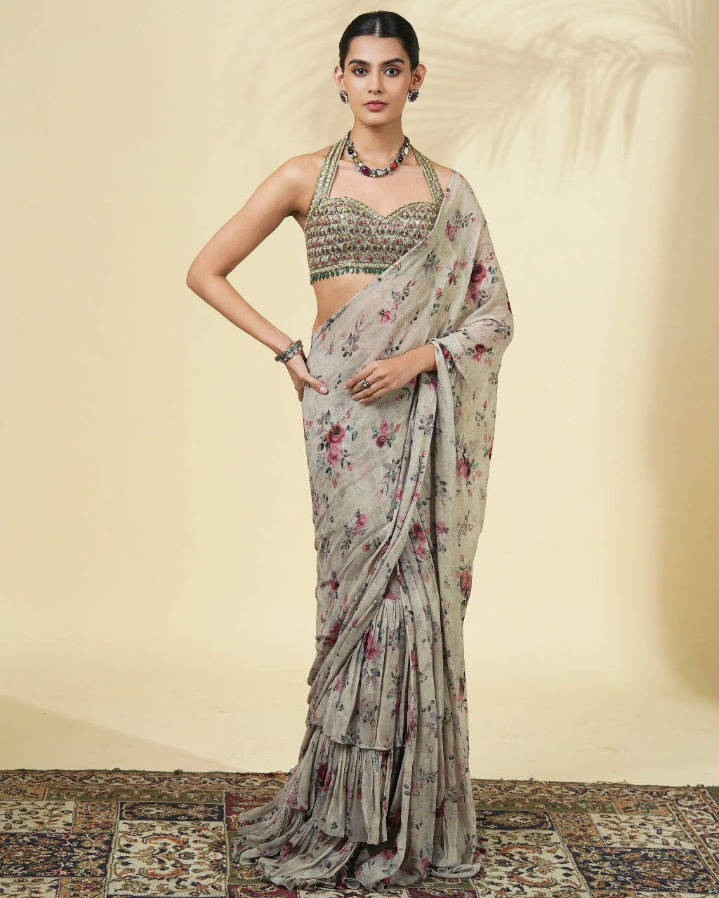Vintage Rose Print Ruffle Sari Set