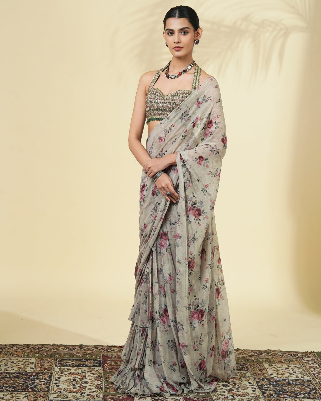 Vintage Rose Print Ruffle Sari Set