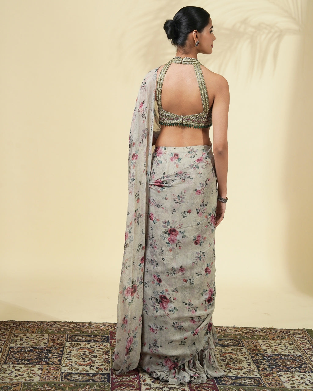 Vintage Rose Print Ruffle Sari Set