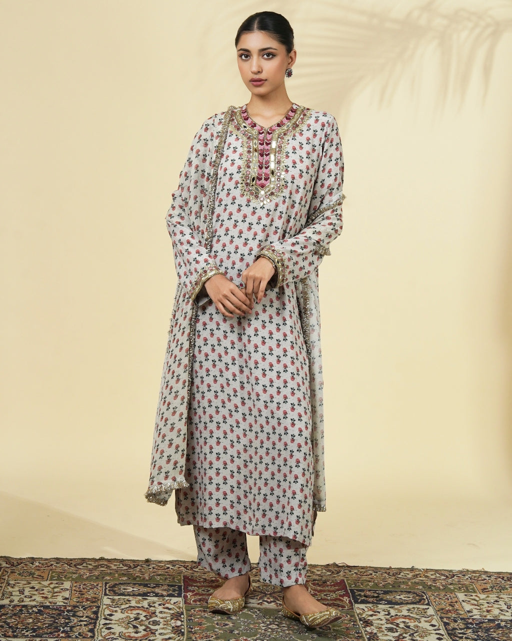Vintage Rose Butti Print Long Kurta Set