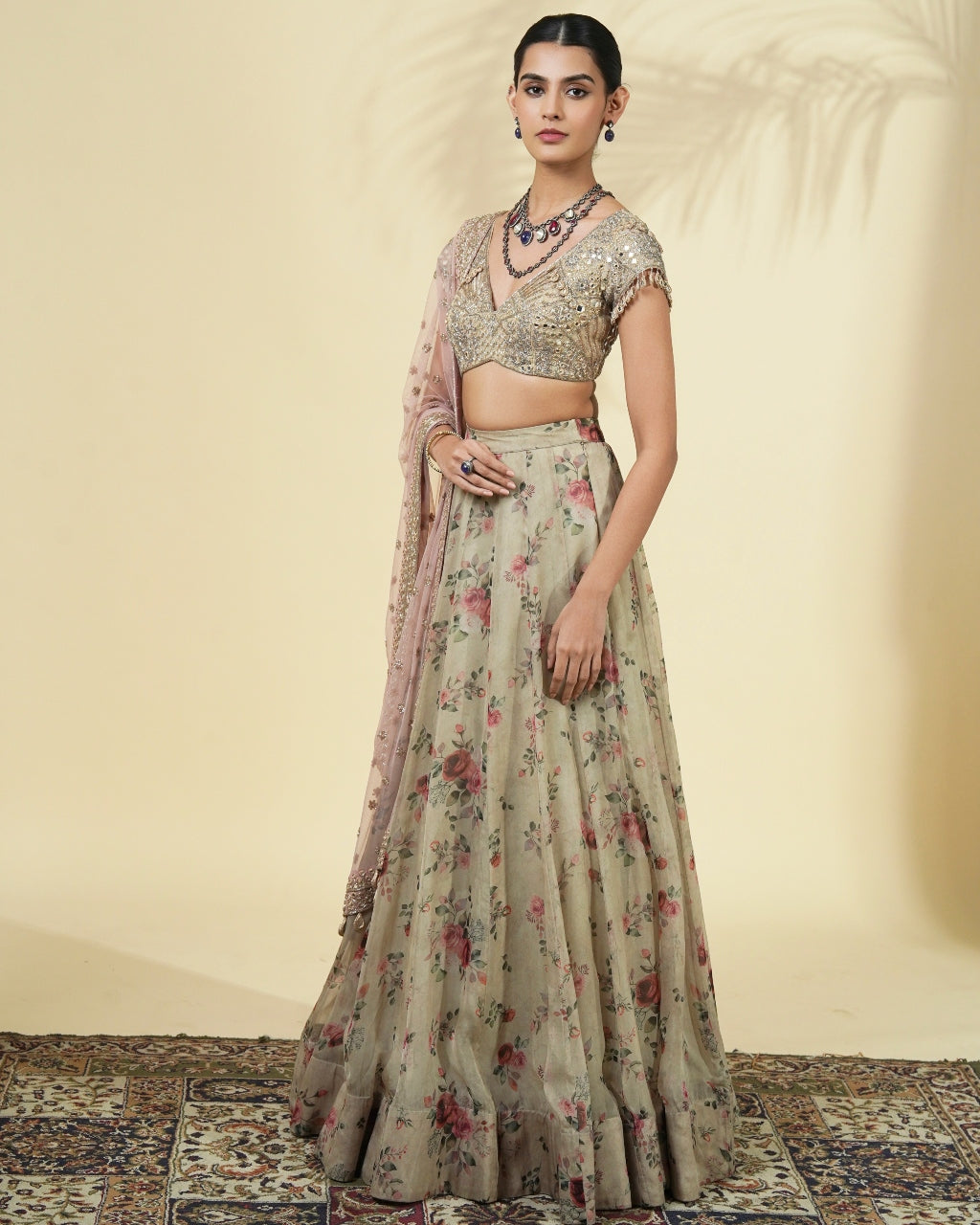 Vintage Rose Gold Print Organza Lehenga Set