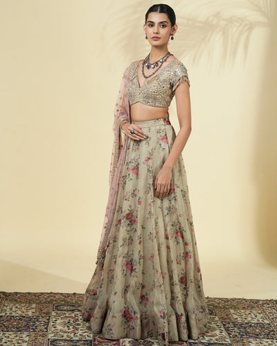 Vintage Rose Gold Print Organza Lehenga Set