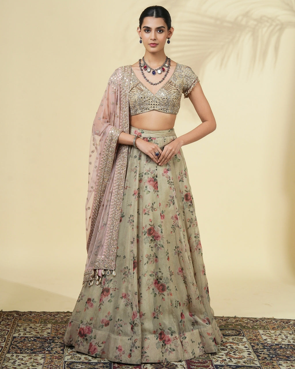 Vintage Rose Gold Print Organza Lehenga Set