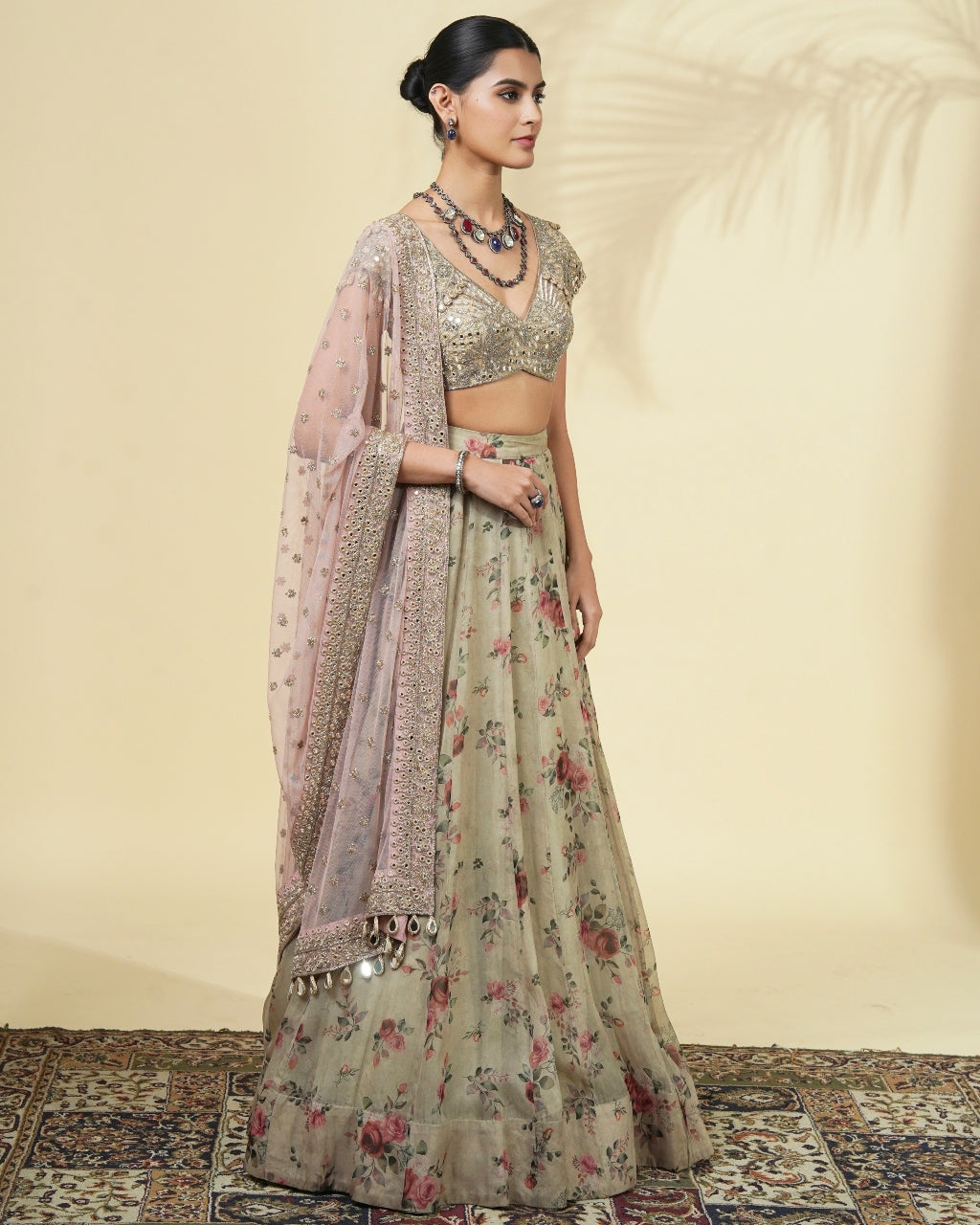 Vintage Rose Gold Print Organza Lehenga Set