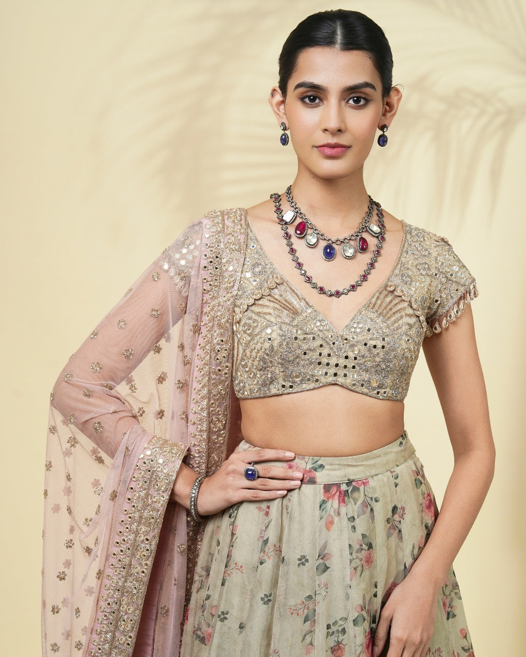 Vintage Rose Gold Print Organza Lehenga Set