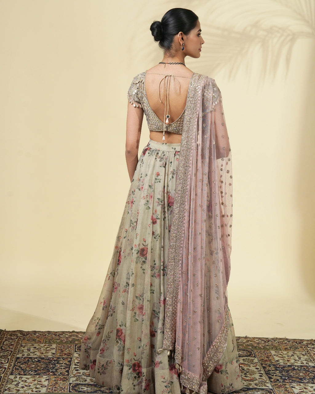Vintage Rose Gold Print Organza Lehenga Set