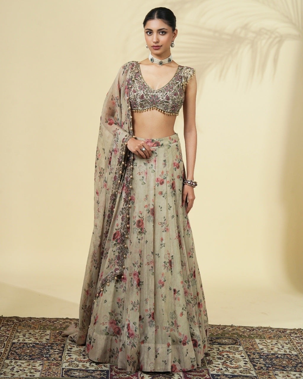 Vintage Rose Print Organza Lehenga Set