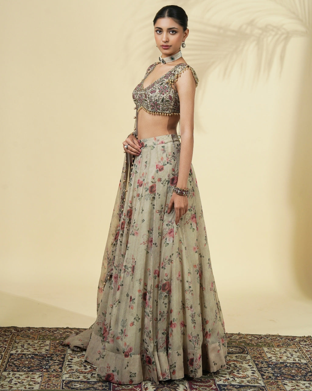 Vintage Rose Print Organza Lehenga Set