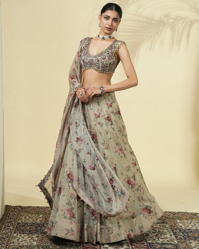 Vintage Rose Print Organza Lehenga Set