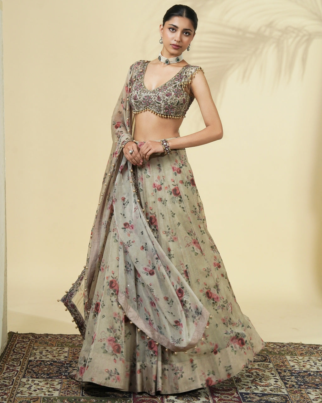 Vintage Rose Print Organza Lehenga Set