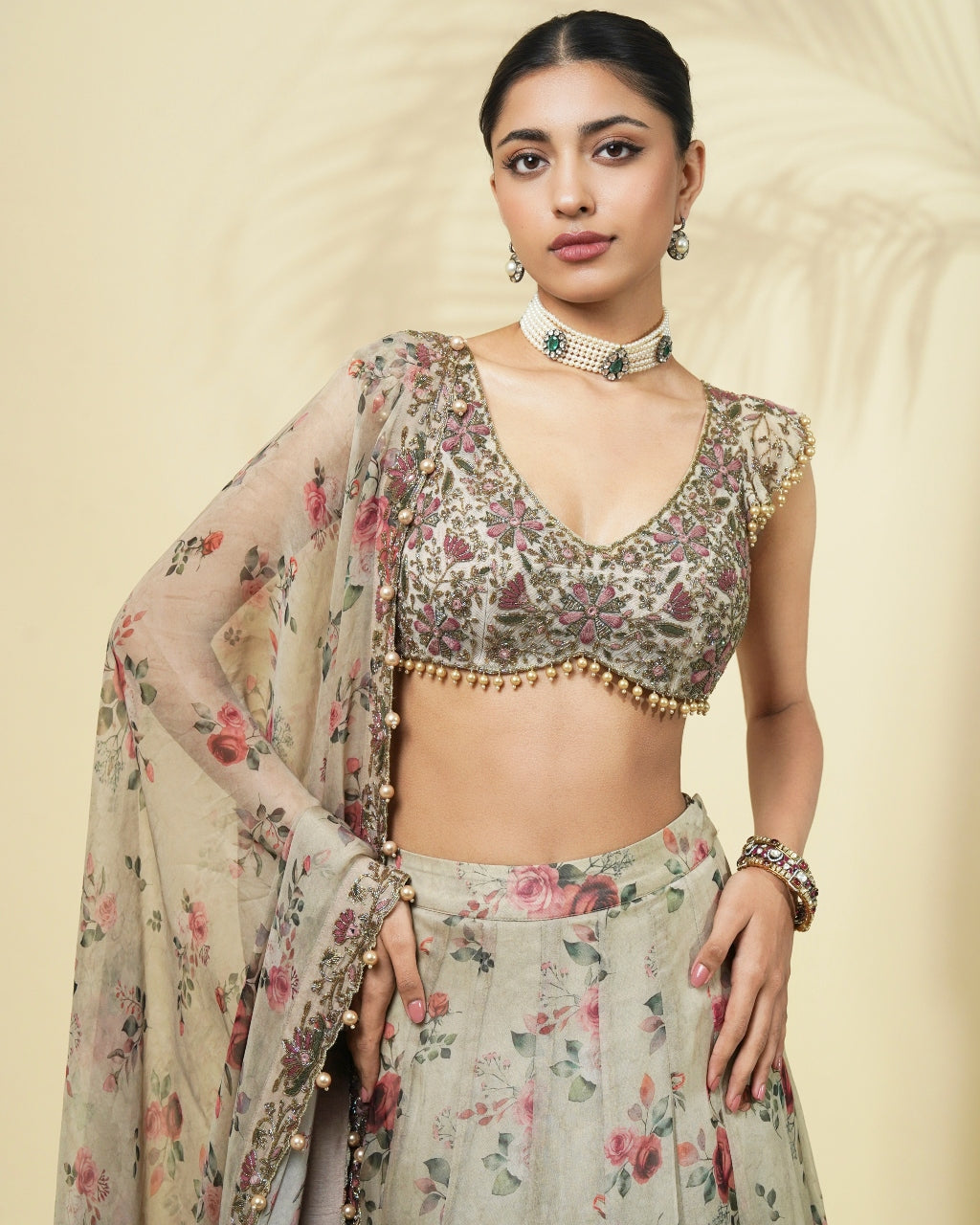 Vintage Rose Print Organza Lehenga Set
