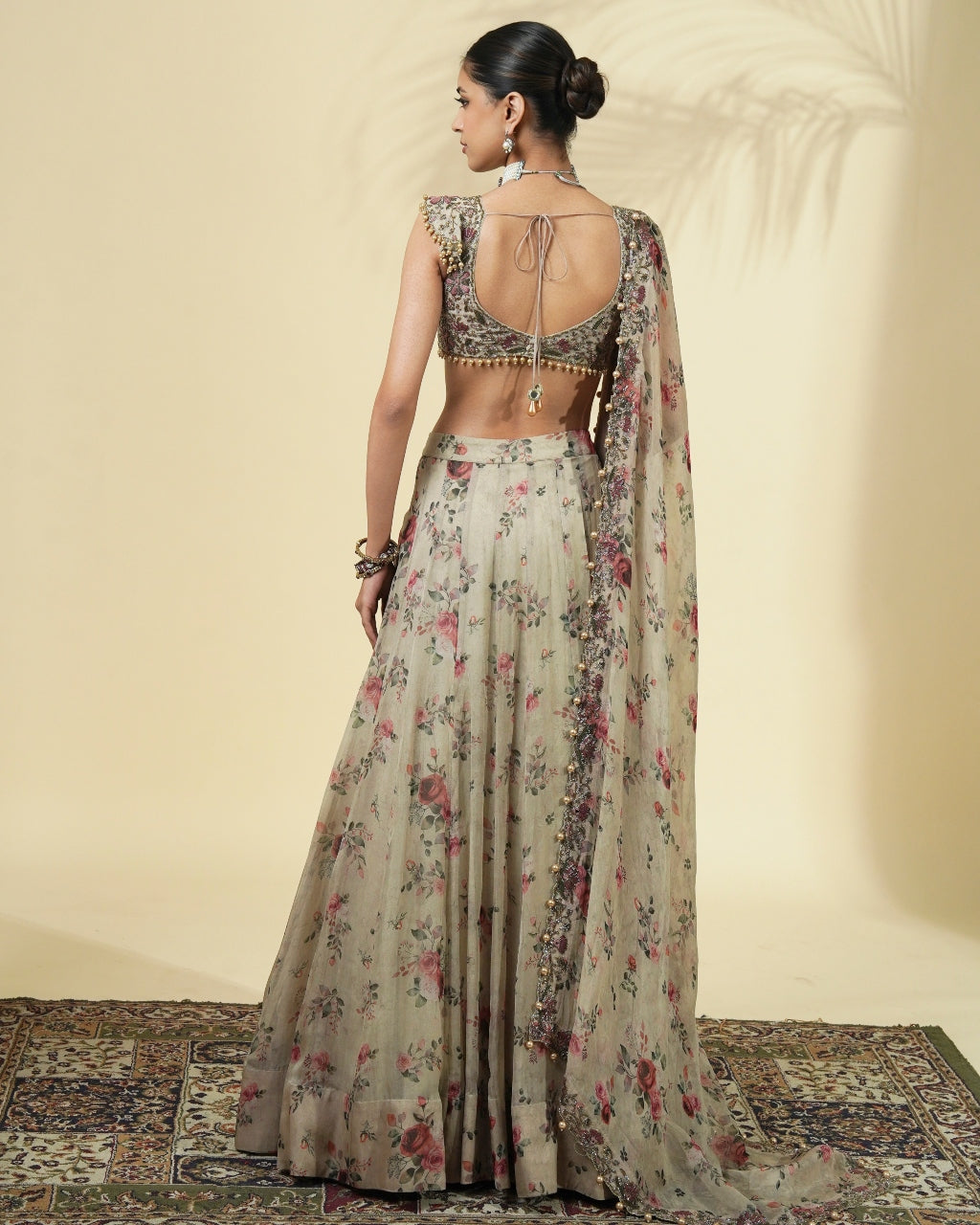 Vintage Rose Print Organza Lehenga Set