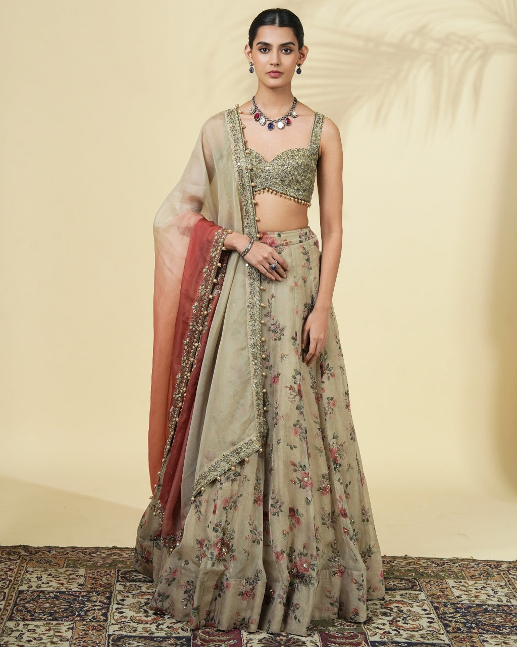 Vintage Rose Print Hand Embroidered Organza Lehenga Set