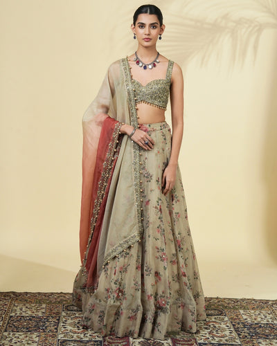Vintage Rose Print Hand Embroidered Organza Lehenga Set