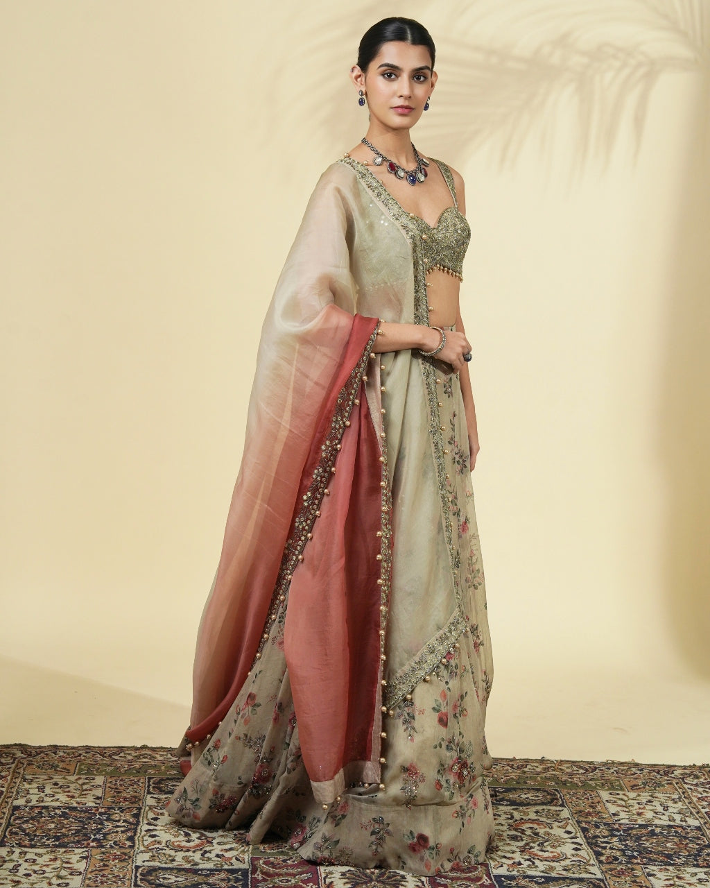Vintage Rose Print Hand Embroidered Organza Lehenga Set