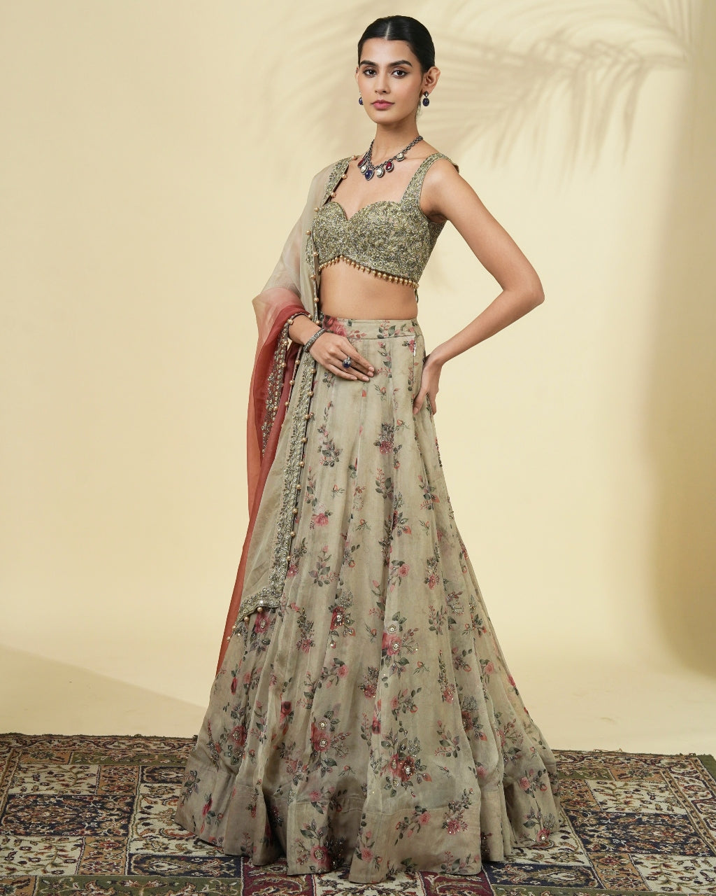 Vintage Rose Print Hand Embroidered Organza Lehenga Set