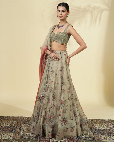 Vintage Rose Print Hand Embroidered Organza Lehenga Set