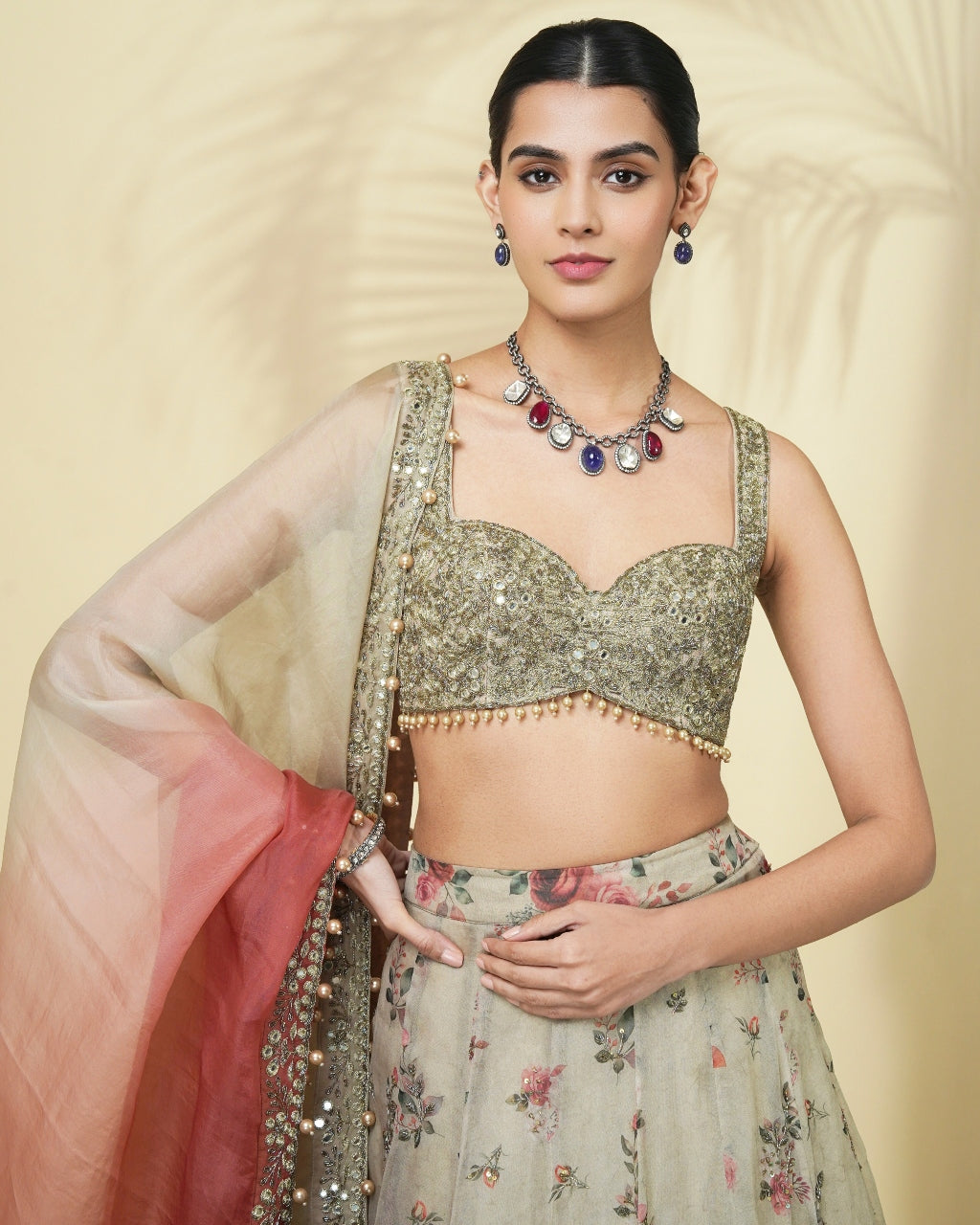 Vintage Rose Print Hand Embroidered Organza Lehenga Set