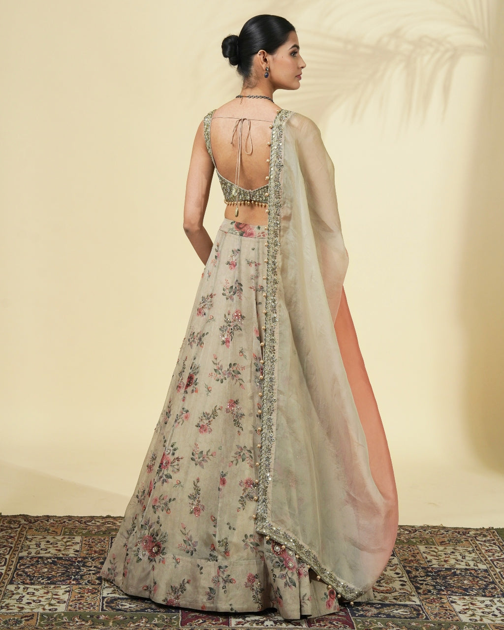 Vintage Rose Print Hand Embroidered Organza Lehenga Set