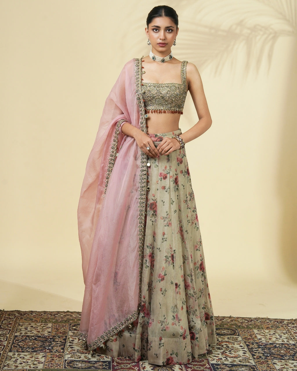 Vintage Rose Print Organza Gold Lehenga Set