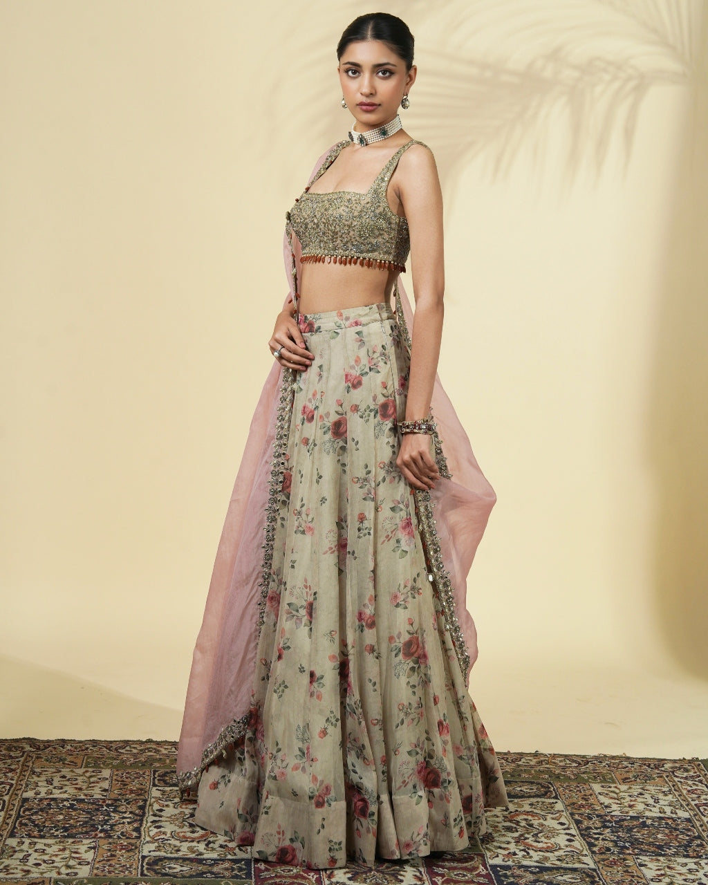 Vintage Rose Print Organza Gold Lehenga Set
