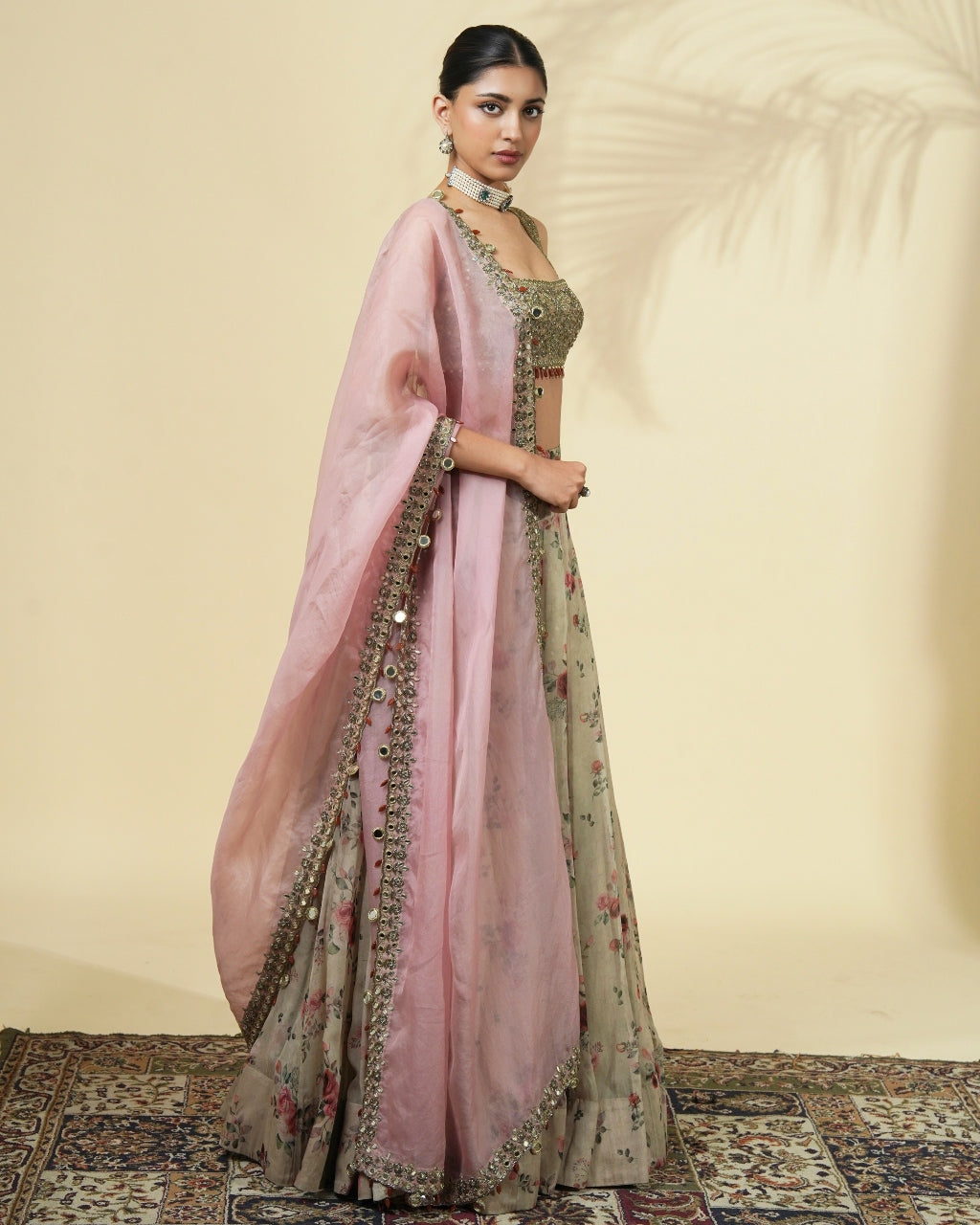 Vintage Rose Print Organza Gold Lehenga Set