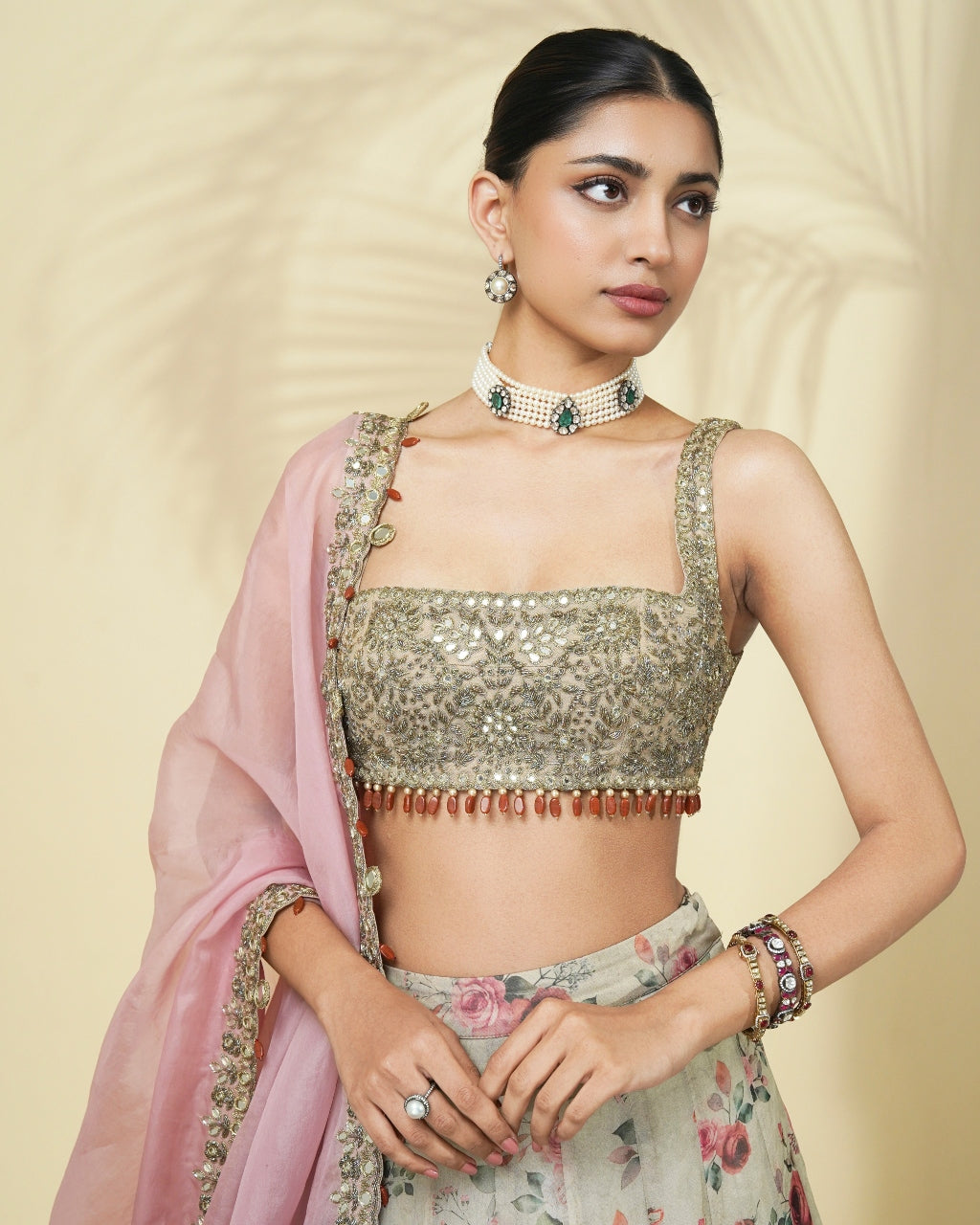 Vintage Rose Print Organza Gold Lehenga Set