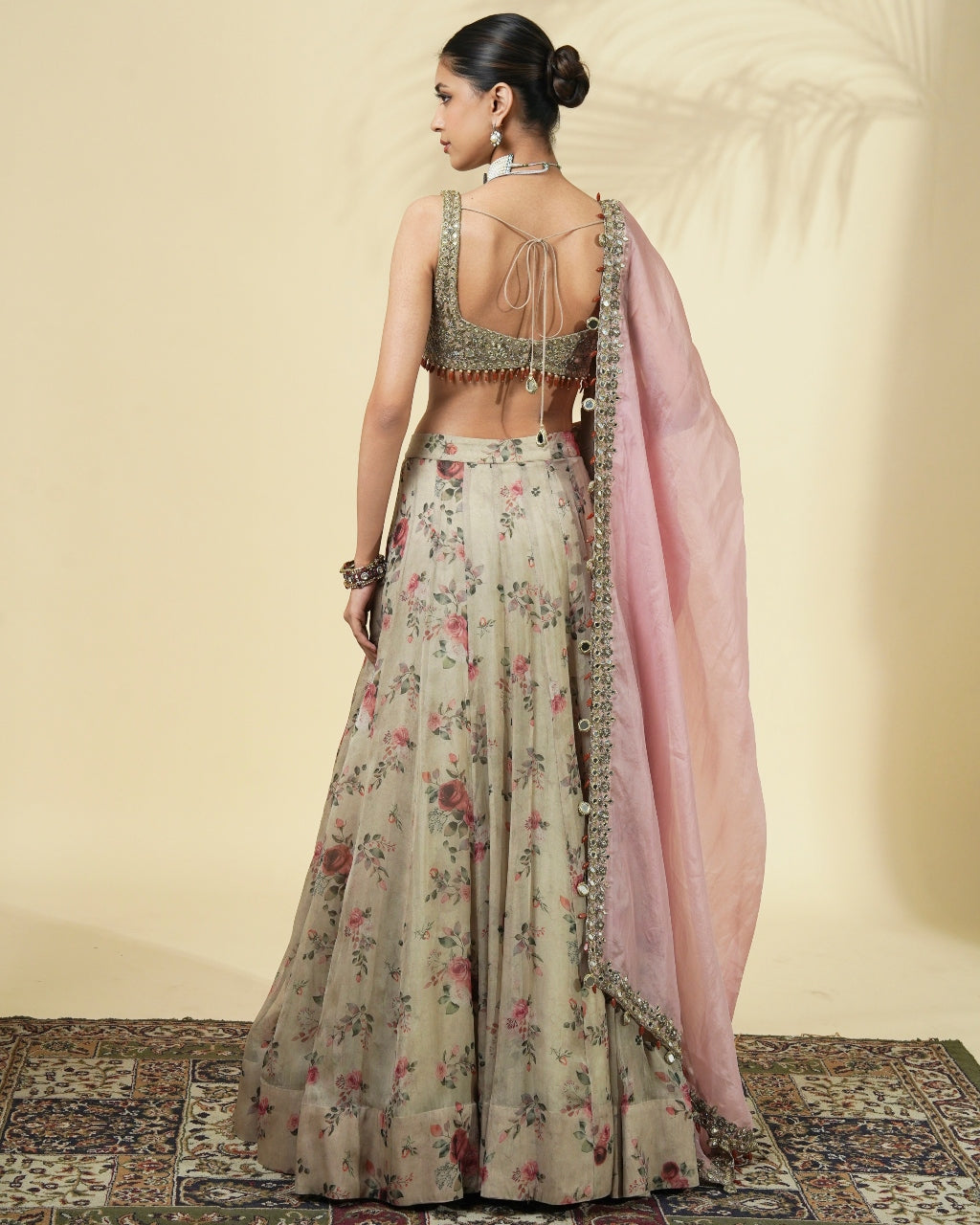 Vintage Rose Print Organza Gold Lehenga Set