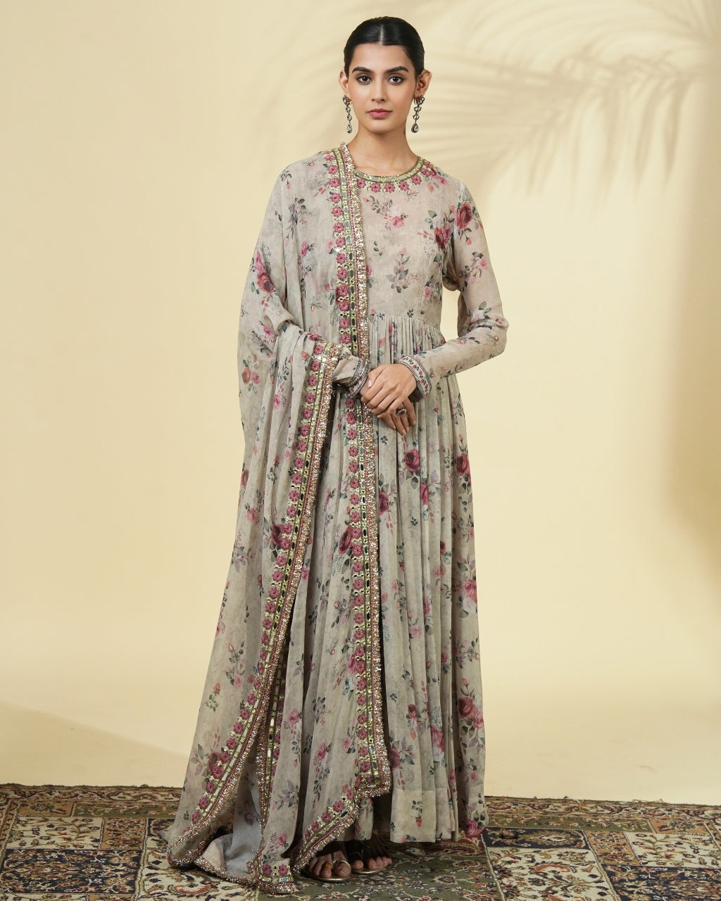Vintage Rose Print Hand Embroidered Anarkali Set