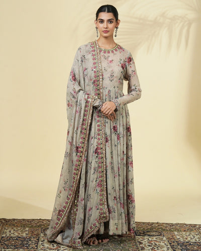 Vintage Rose Print Hand Embroidered Anarkali Set
