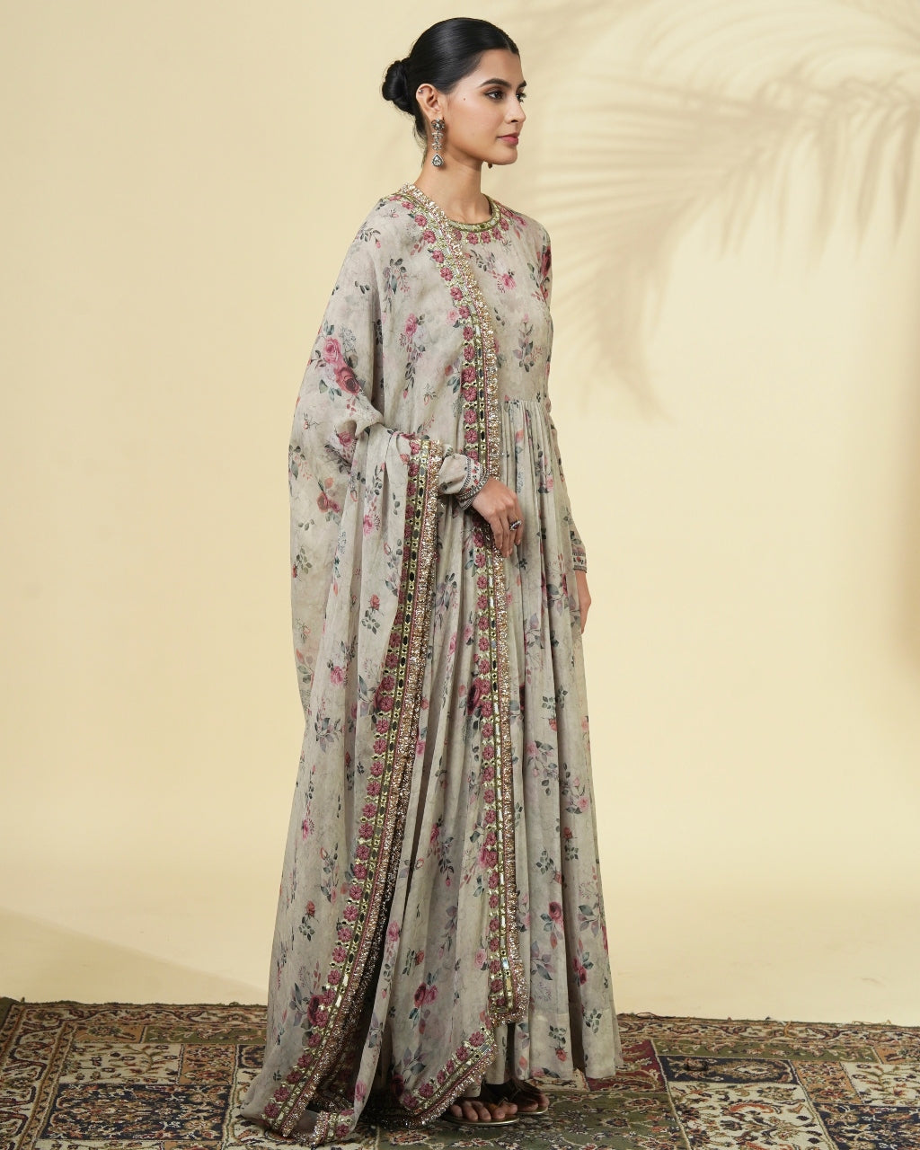Vintage Rose Print Hand Embroidered Anarkali Set