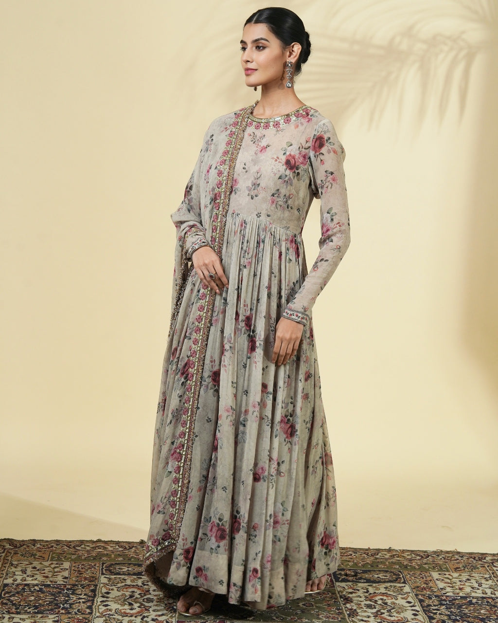 Vintage Rose Print Hand Embroidered Anarkali Set