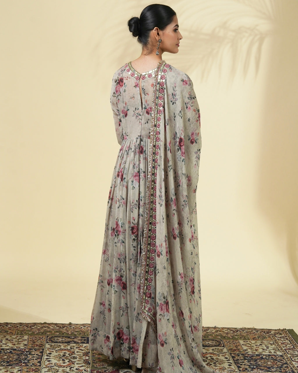 Vintage Rose Print Hand Embroidered Anarkali Set