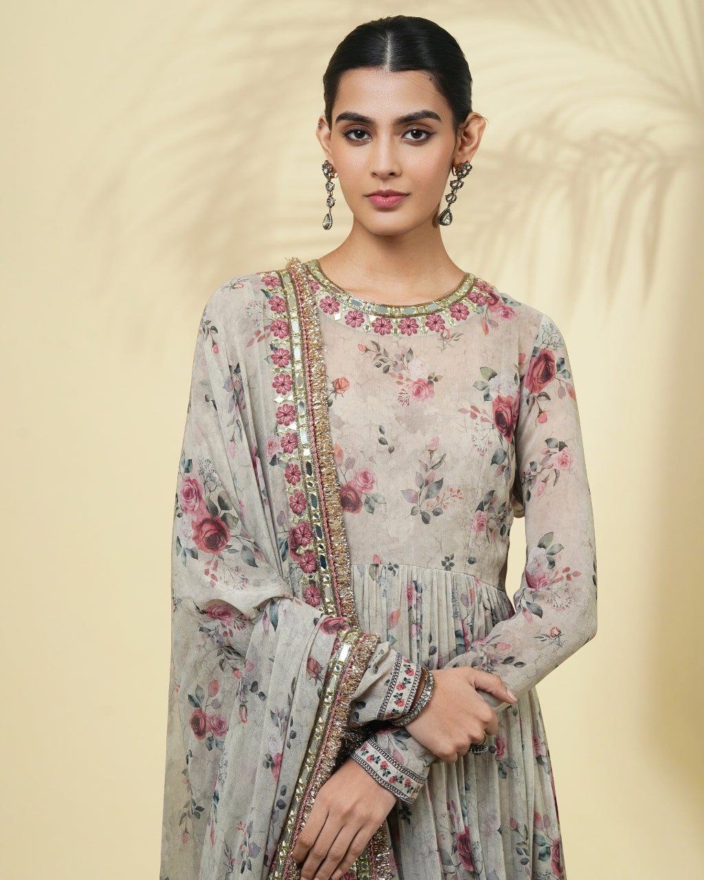 Vintage Rose Print Hand Embroidered Anarkali Set