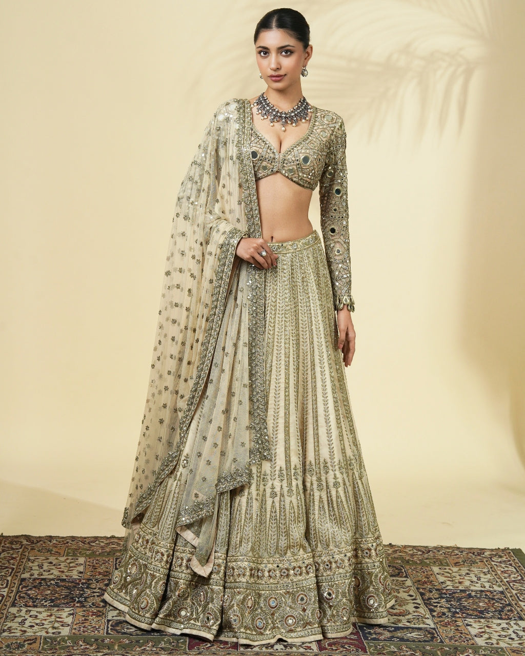 Coconut & Beige Gold Hand Embroidered Lehenga Set