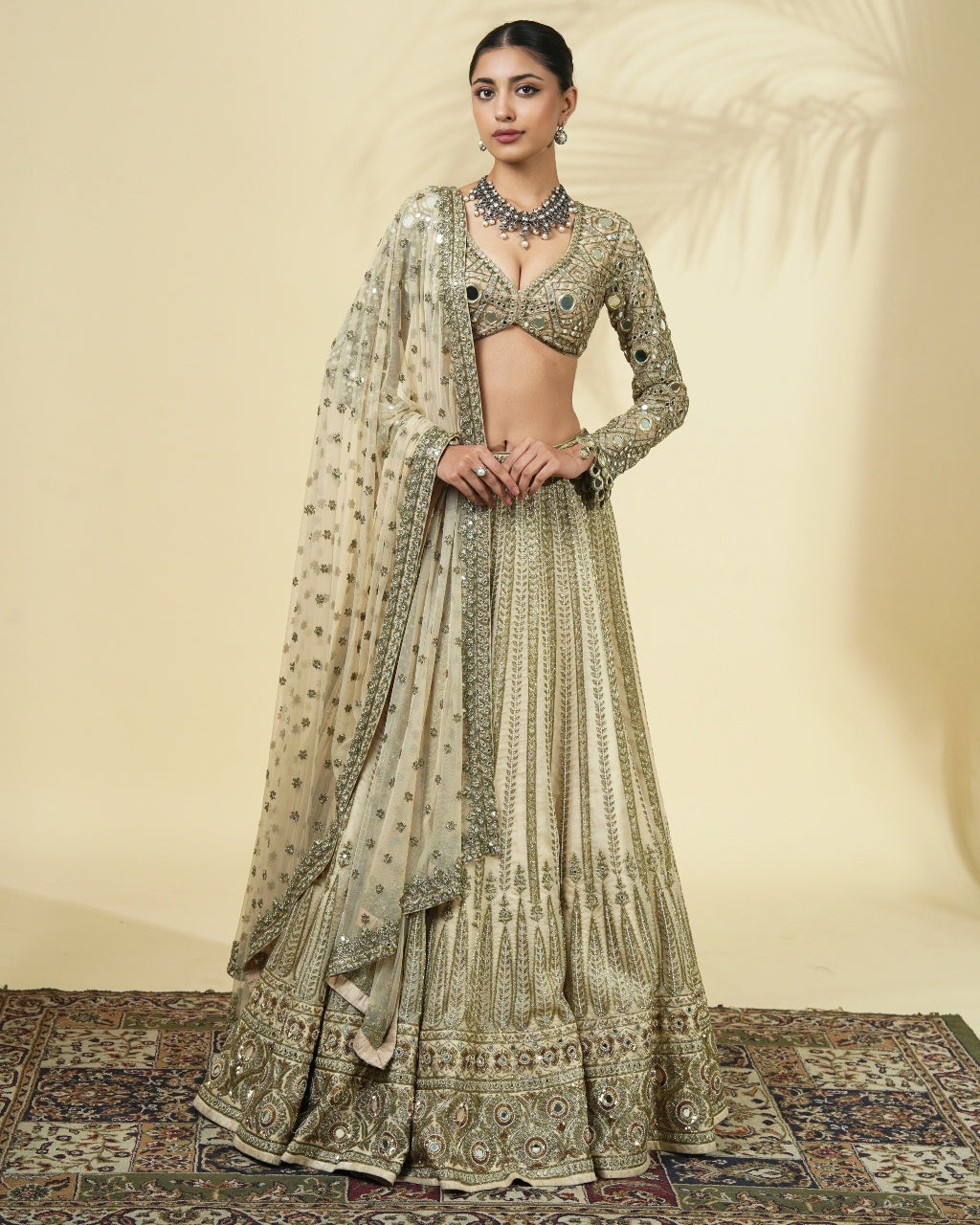 Coconut & Beige Gold Hand Embroidered Lehenga Set