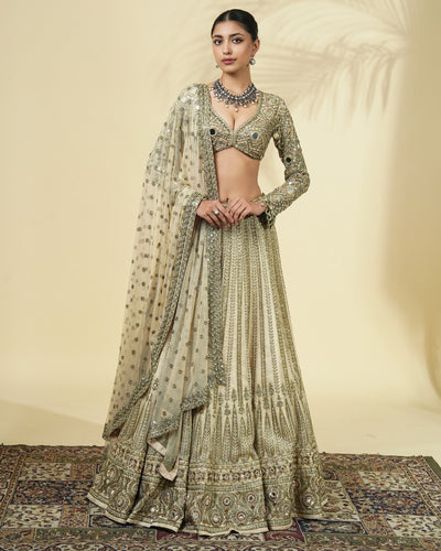 Coconut & Beige Gold Hand Embroidered Lehenga Set