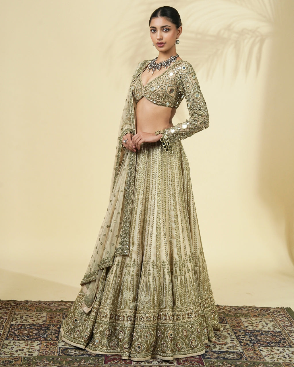 Coconut & Beige Gold Hand Embroidered Lehenga Set