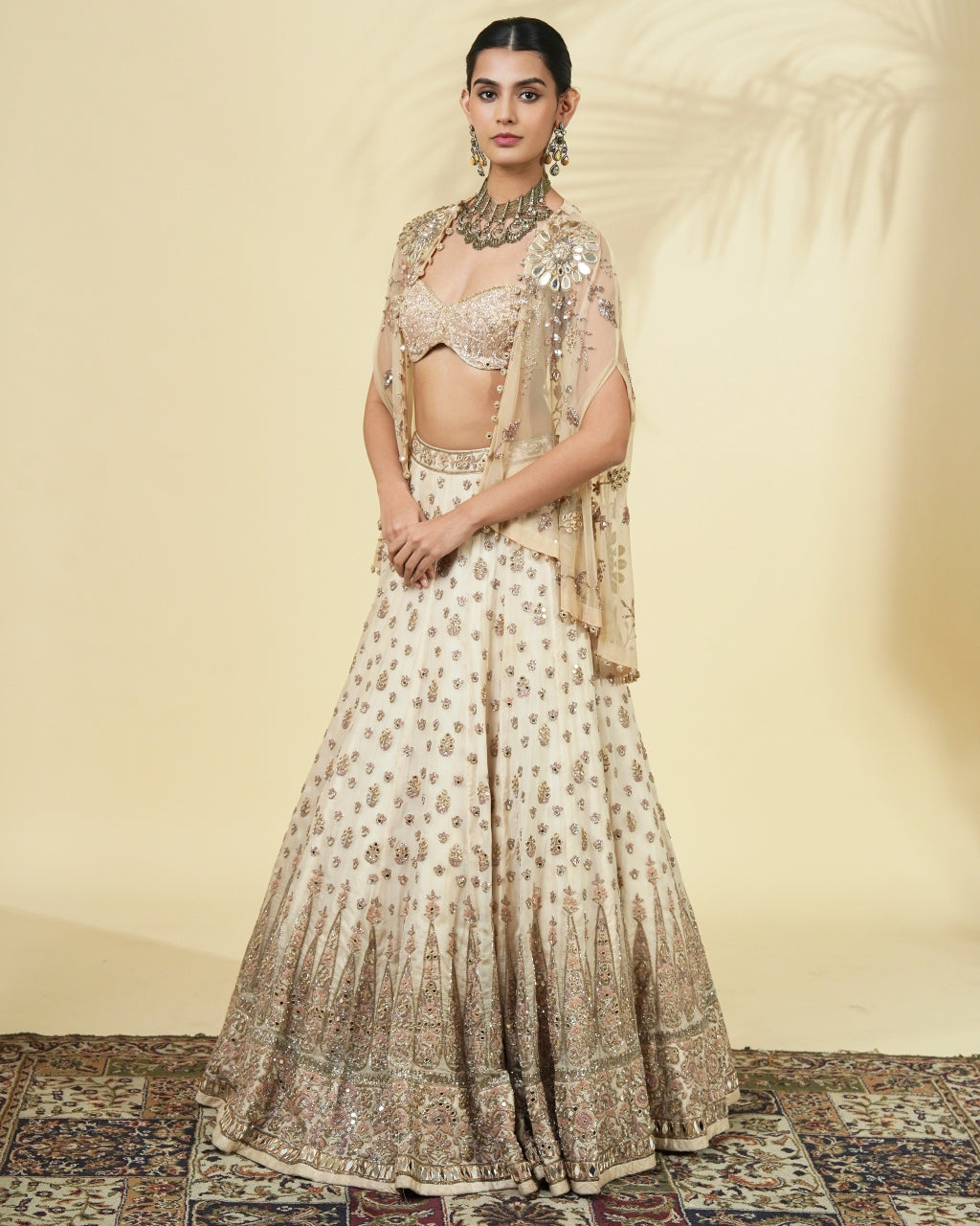 Coconut & Dull Gold Hand Embroidered Lehenga Cape Set